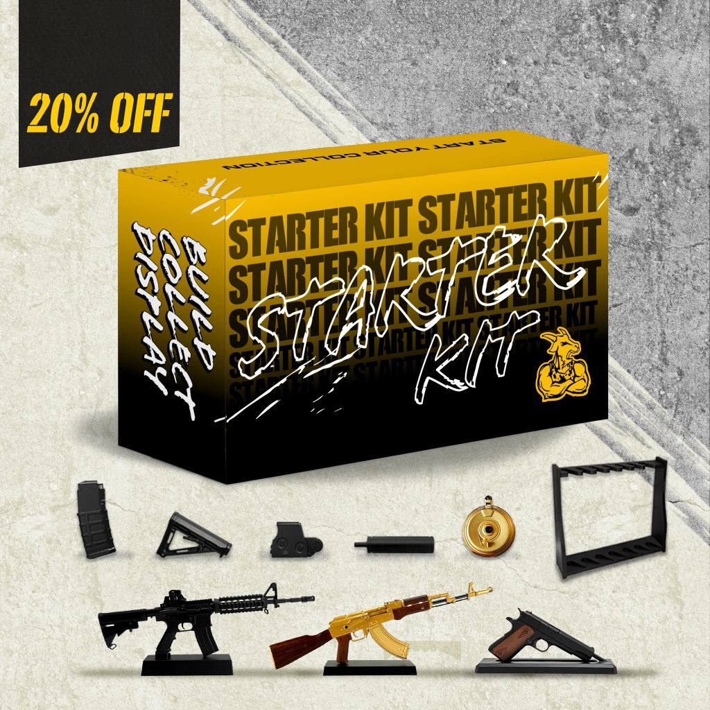 GoatGuns Starter Kit with AR15, gold AK47 and 1911 die-cast models on a rack