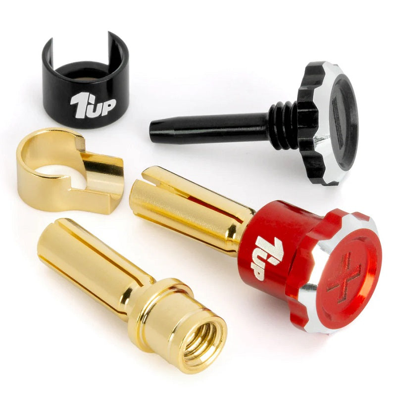 1UP Racing Lockdown Adjustable Bullet Plugs – 4mm – Red/Black – Tool-Free Compression Lock (190445)