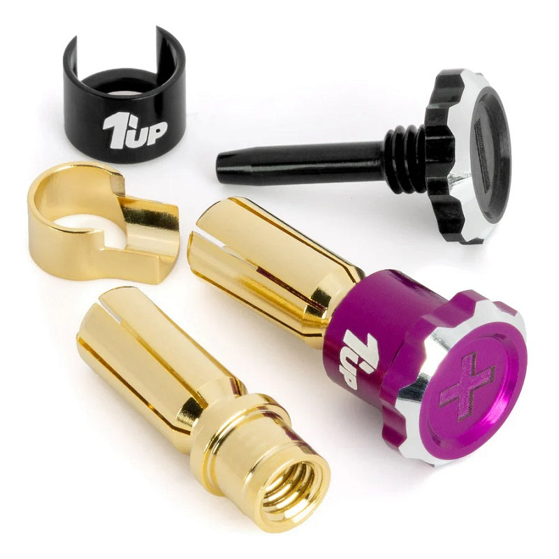 1UP Racing Lockdown Adjustable Bullet Plugs – 5mm – Purple/Black – Tool-Free Compression Lock (190453)