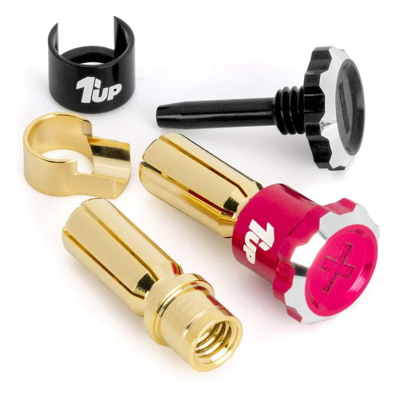 1UP Racing Lockdown Adjustable Bullet Plugs – 5mm – Hot Pink/Black – Tool-Free Compression Lock (190454)