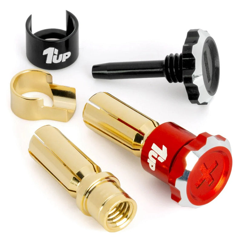 1UP Racing Lockdown Adjustable Bullet Plugs – 5mm – Red/Black – Tool-Free Compression Lock (190455)