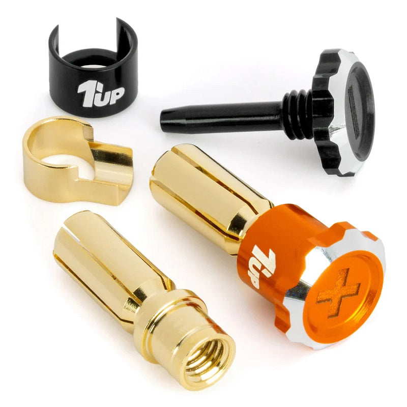 1UP Racing Lockdown Adjustable Bullet Plugs – 5mm – Orange/Black – Tool-Free Compression Lock (190456)