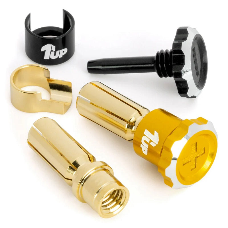 1UP Racing Lockdown Adjustable Bullet Plugs – 5mm – Gold/Black – Tool-Free Compression Lock (190457)