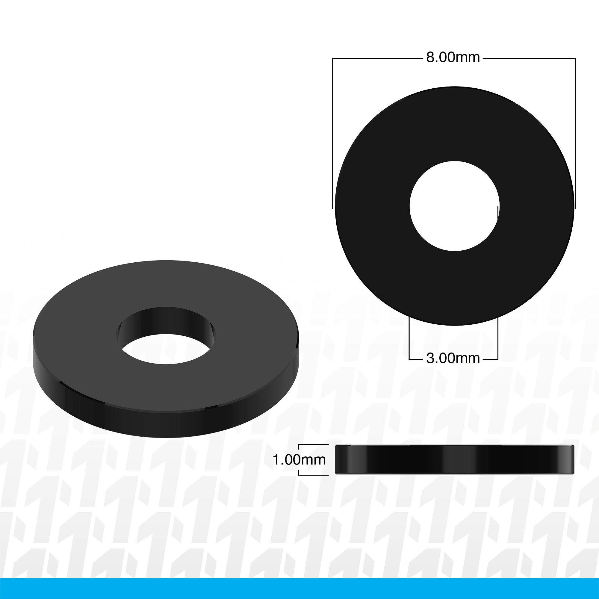 1UP Racing 3x8x1mm Precision Aluminum Shims, Black, (10 pcs) 80403