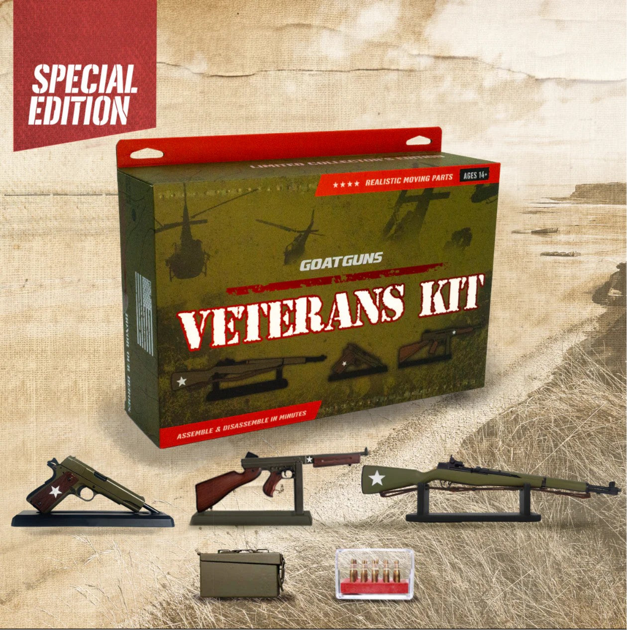 GoatGuns Veteran Kit OD Green 3-Pack – 1911, M1A1 Thompson, M1 Garand Mini Models