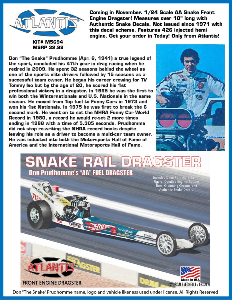 Atlantis Models 1/24 Don 'The Snake' Prudhomme Front Engine Dragster Plastic Model Kit