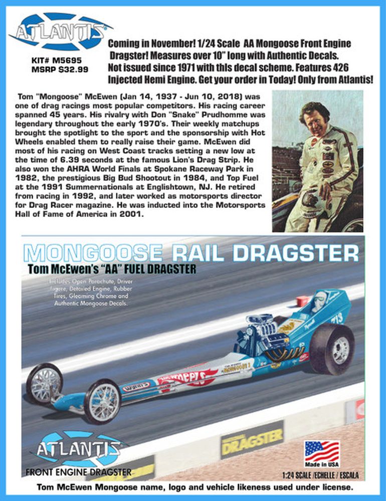 Atlantis Models 1/24 Tom 'The Mongoose' McEwen Front Engine Dragster Plastic Model Kit