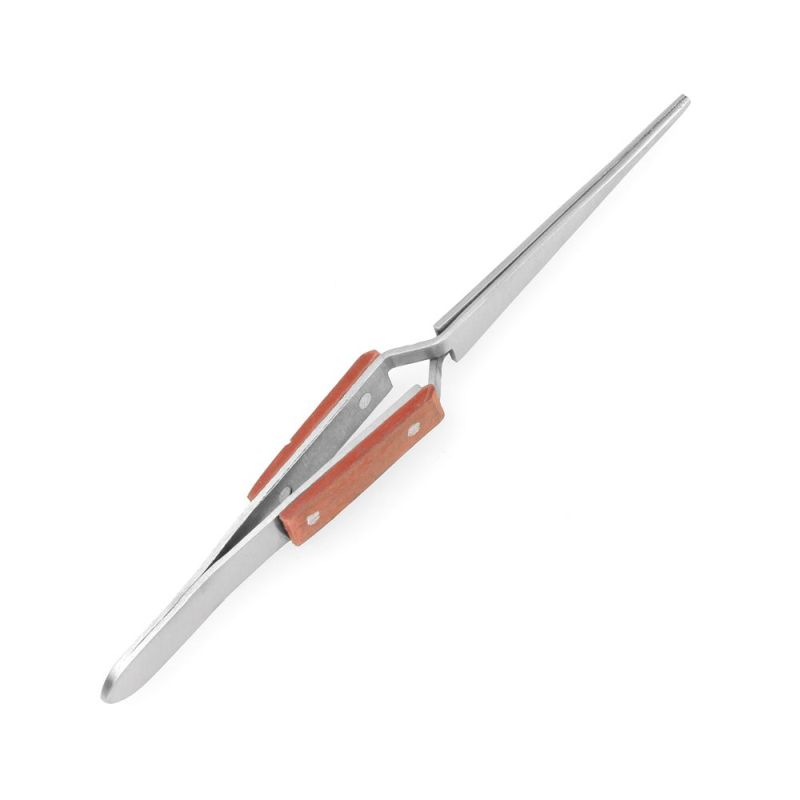 Enkay 1046-C Straight Wood-Handle Self-Closing Soldering Tweezers – 6-1/2" Heat-Resistant Stainless Steel