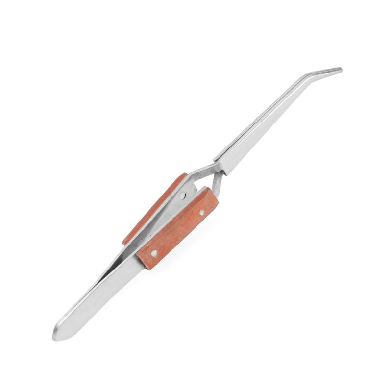 Enkay 1047-C Curved Wood-Handle Self-Closing Soldering Tweezers – 6-1/2" Heat-Resistant Stainless Steel