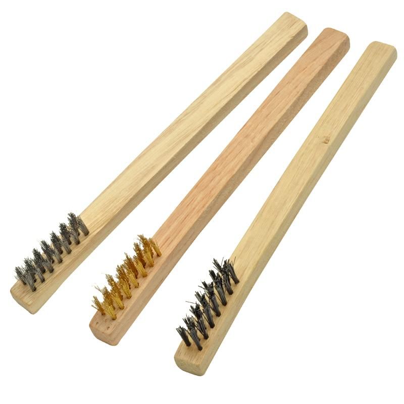 Enkay 1660-3C 3-Piece Mini Wire Brush Set – Brass, Stainless Steel & Nylon Bristles with 8" Wood Handles