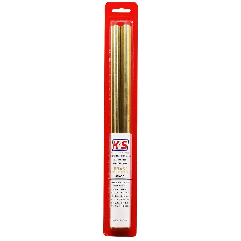 K&S Metals Round Brass Telescopic Tubing Assortment 1/16"–13/32" — 12-Piece 260/272 Brass Kit