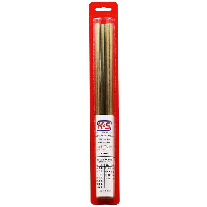 K&S Metals Brass Square & Rectangular Tube Assortment — 11-Piece 260/272 Brass Tubing Kit