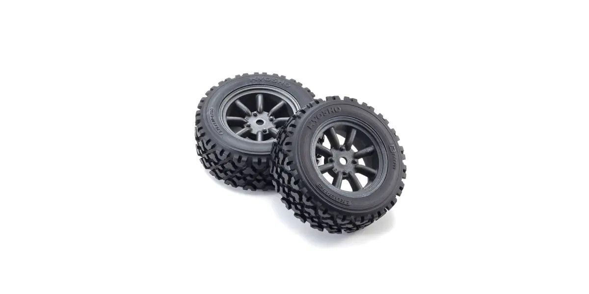 Pre-Glued Vintage Rally Tire on Watanabe 8-Spoke Wheel Black Metallic for Fazer FZ02-R | Kyosho