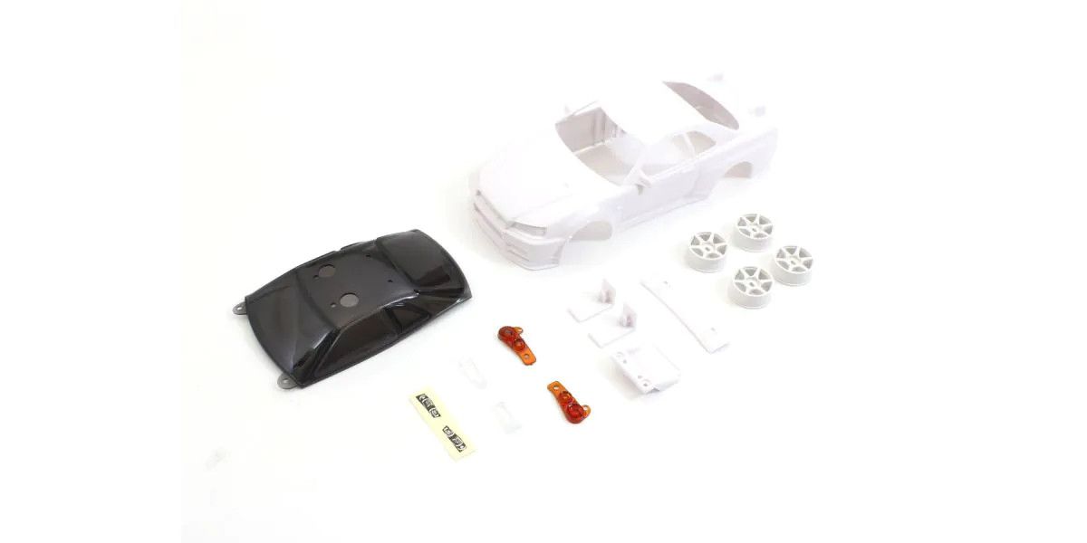 Mini-Z Nissan Skyline GT-R V-Spec R34 White Body Set with Rim for AWD 1/27 Scale | Kyosho