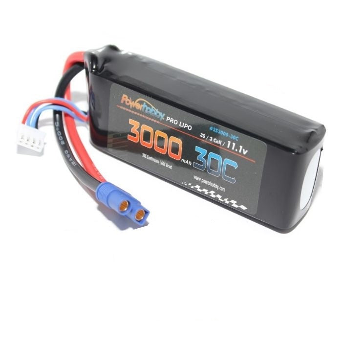 Power Hobby 3S 11.1V 3000mAh 30C LiPo Battery Pack w/ Hardwired EC3 Connector