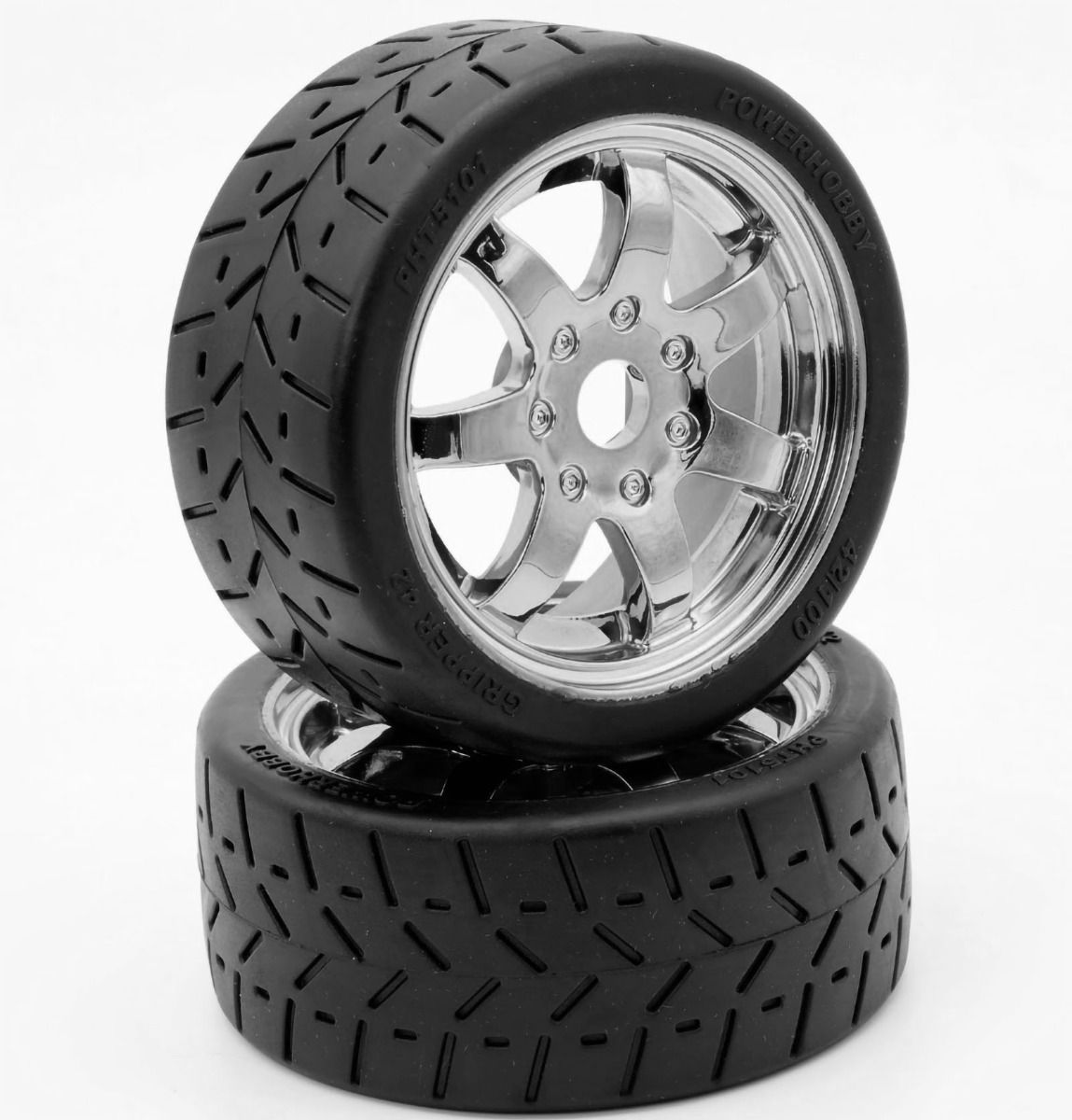 Power Hobby Gripper 42/100 1/8 Belted Mounted Tires with 17mm Chrome Wheels
