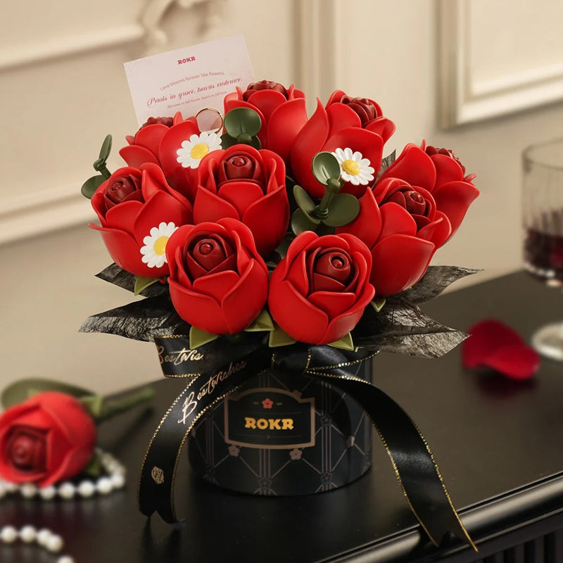 Rolife Floral Art Red Rose Bouquet - DIY Wooden Flower Display