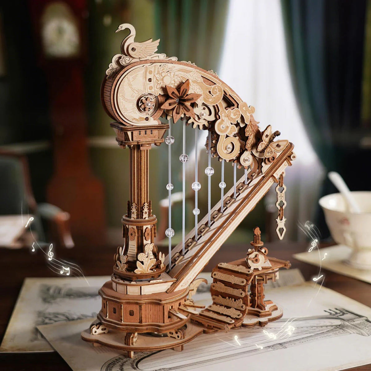 ROKR Magic Harp Music Box 3D Wooden Puzzle - Elegant Mechanical Music Model