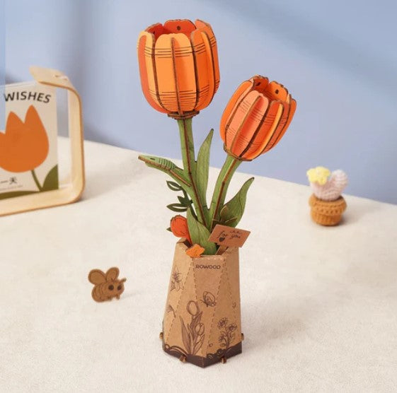 Rolife Orange Tulip - Wood Bloom Craft