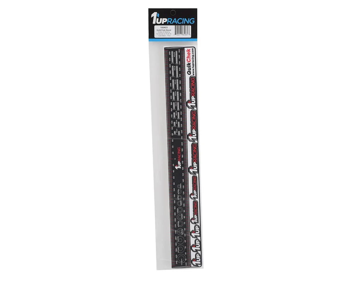 1UP Racing QuikChek Pit Board Decal – Red Accent – Wheelbase, Bearing & Screw Size Reference Ruler (160403)