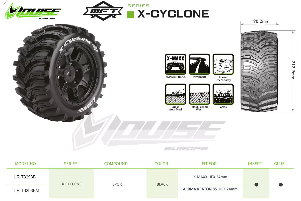 Louise RC MFT X-Cyclone Monster Truck Belted Tires Mounted 24mm Hex Arrma Kraton 8S (2) LT3298BM