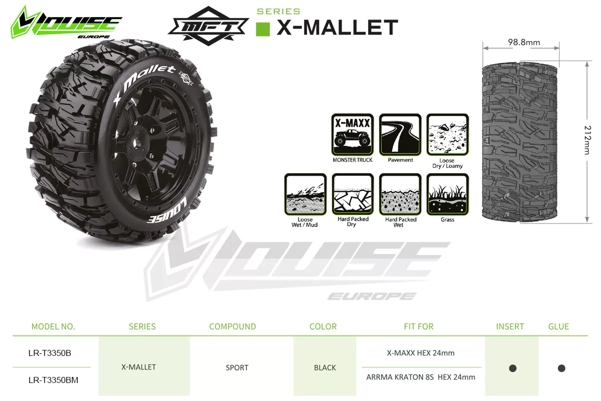 Louise RC MFT X-Mallet Monster Truck Belted Tires Mounted 24mm Hex Arrma Kraton 8S (2) LT3350BM