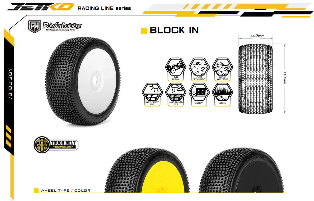 Power Hobby Block In 1/8 Buggy Pre-Mounted Tires 2-Pack with White Wheels