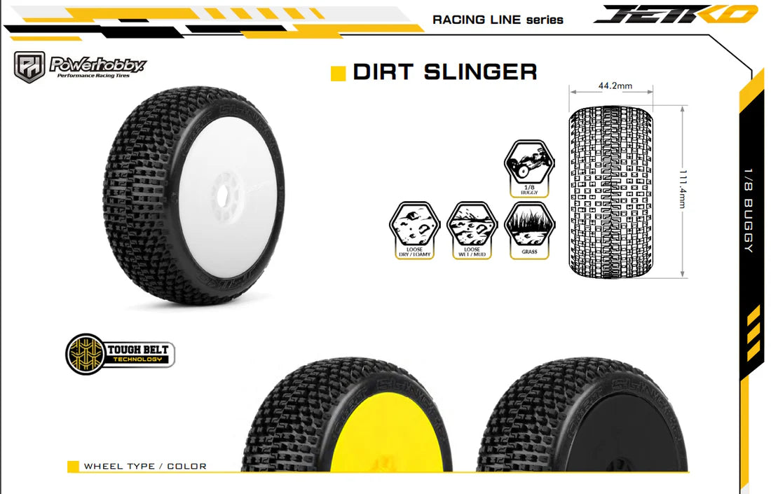 Power Hobby Dirt Slinger 1/8 Buggy Mounted Tires White Wheels (2) 1005DWMSG