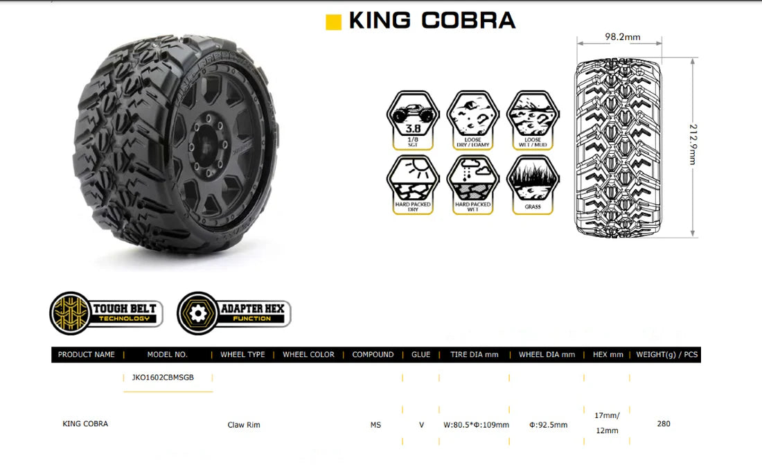 Powerhobby 1/8 SGT 3.8 King Cobra Belted Mounted Tires (2) 17MM Low Profile 1602CBMSGB