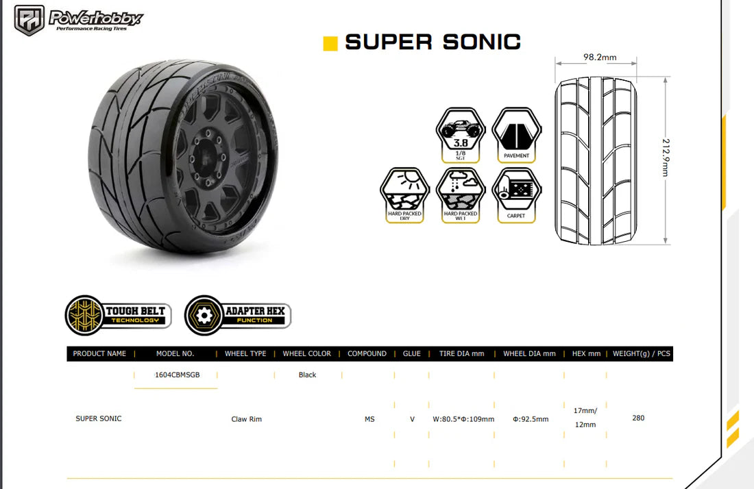 Power Hobby 1/8 SGT 3.8 Inch Super Sonic Belted Pre-Mounted Low-Profile Tires 2-Pack with Removable Hex