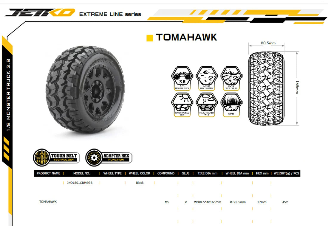 Power Hobby 1/8 MT 3.8 Inch Tomahawk Belted Pre-Mounted Tires 2-Pack with Removable Hex