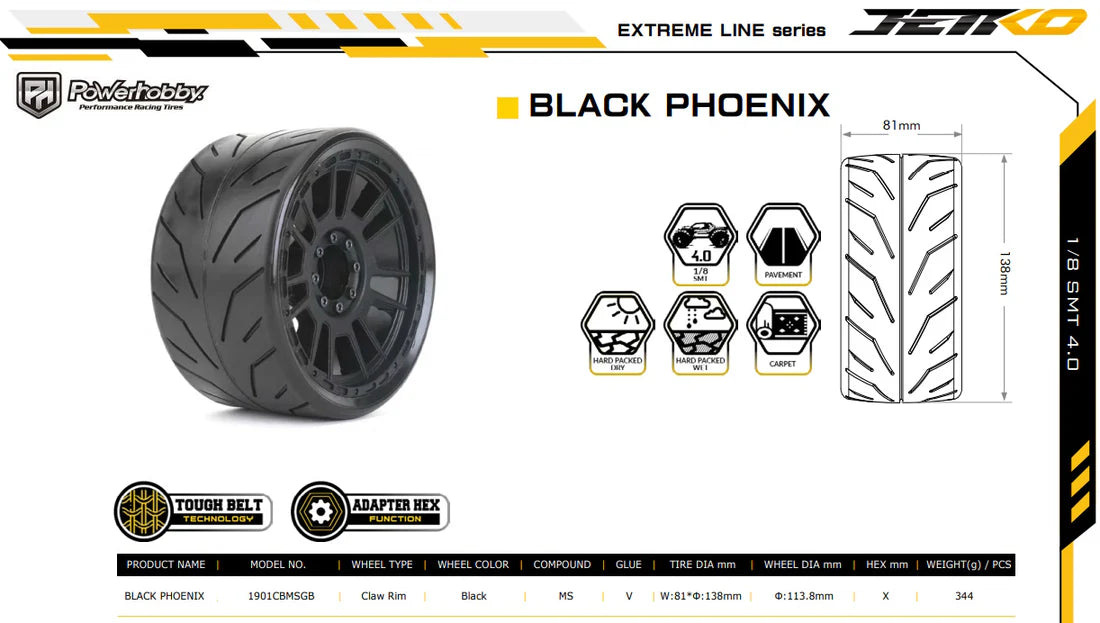 Power Hobby 1/8 MT 4.0 Inch Phoenix Belted Pre-Mounted Low-Profile Tires 2-Pack with Removable Hex