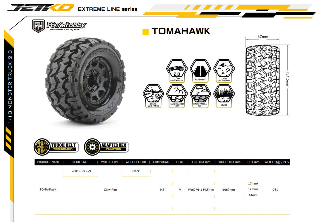 Power Hobby 1/10 2.8 MT Tomahawk Belted Tires Removable Hex (2) 2801CBMSGN