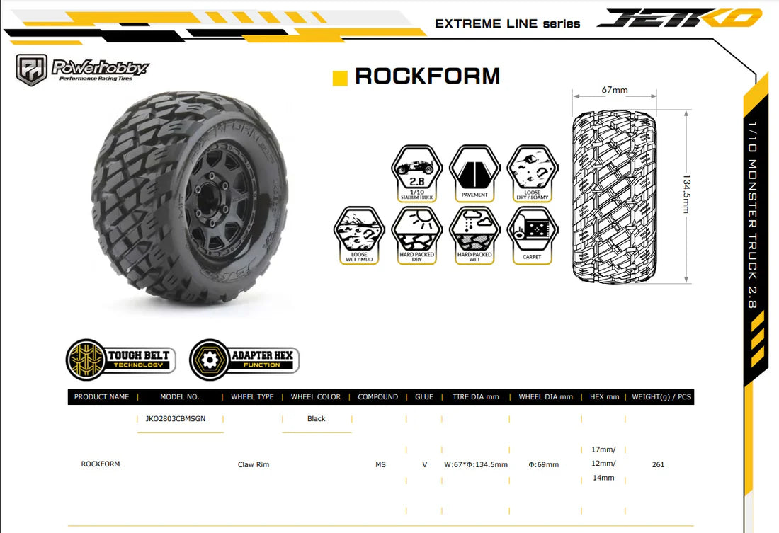 Power Hobby 1/10 2.8 MT Rockform Belted Tires (2) Removable Hex 2803CBMSGN