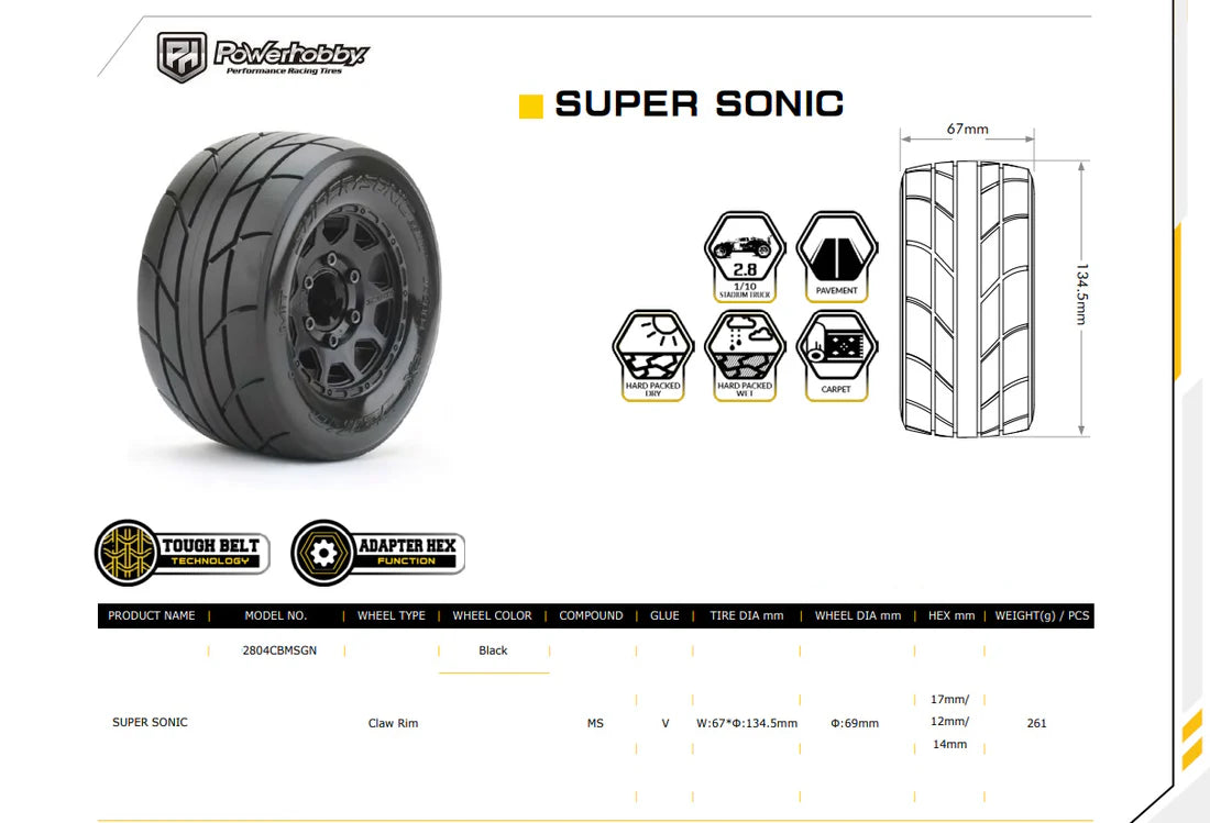 Power Hobby 1/10 2.8 MT Super Sonic Belted Tires (2) Removable Hex 2804CBMSGN