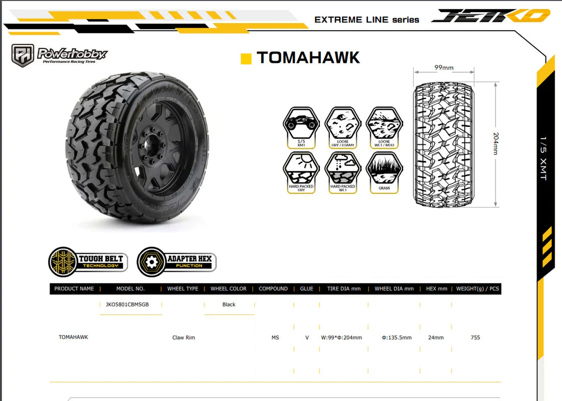 Power Hobby 1/5 Tomahawk Belted Mounted Tires (2) Traxxas X-Maxx Arrma 24mm Hex 5801CBMSGB