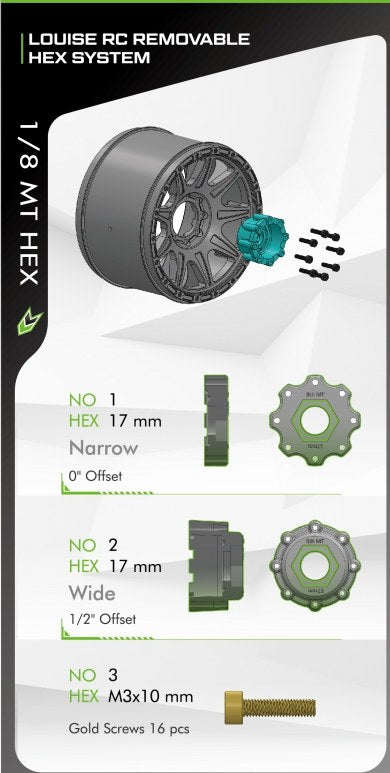 Louise RC MT-Uphill Sport 1/8 3.8 Monster Truck MFT Belted Tires 17mm Hex Hub 0" & 1/2" Offset LT3322X