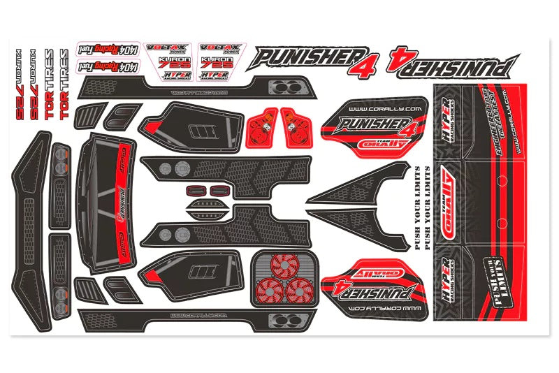 Corally Body Decal Sheet - Punisher 4 - Pre - Cut - Color Red - 1pc | RC Body Part