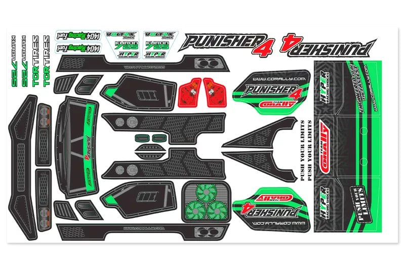 Corally Body Decal Sheet - Punisher 4 - Pre - Cut - Color Green - 1pc | RC Spare Part