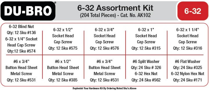 Dubro 6-32 Hardware Assortment Kit, 204pcs AK102