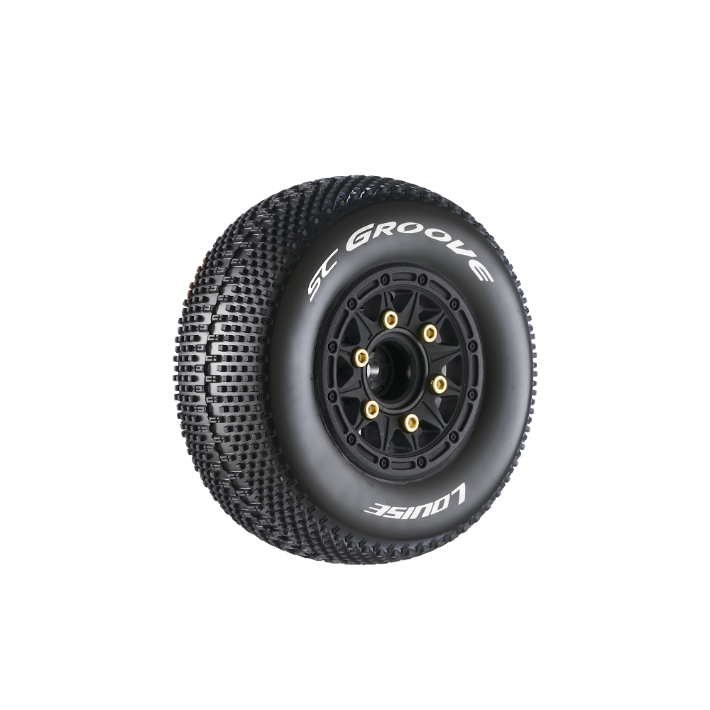 Louise R/C SC-Groove 1/10 Short Course Tires, Soft, 12, 14 & 17mm Removable Hex Glued on Black Rim (2) LT3146SB