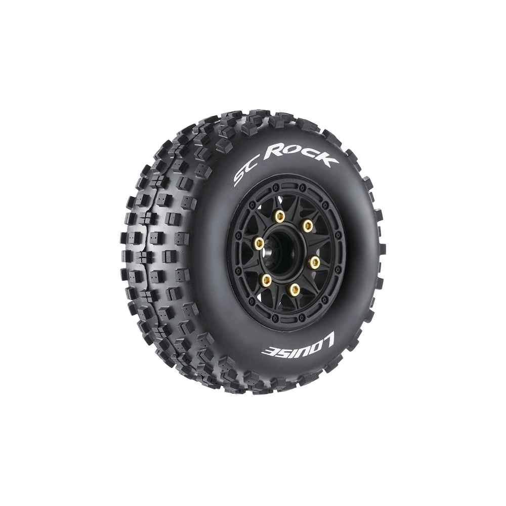 Louise R/C SC-Rock 1/10 Short Course Tires, Soft, 12, 14 & 17mm Removable Hex Glued on Black Rim (2) LT3229SB