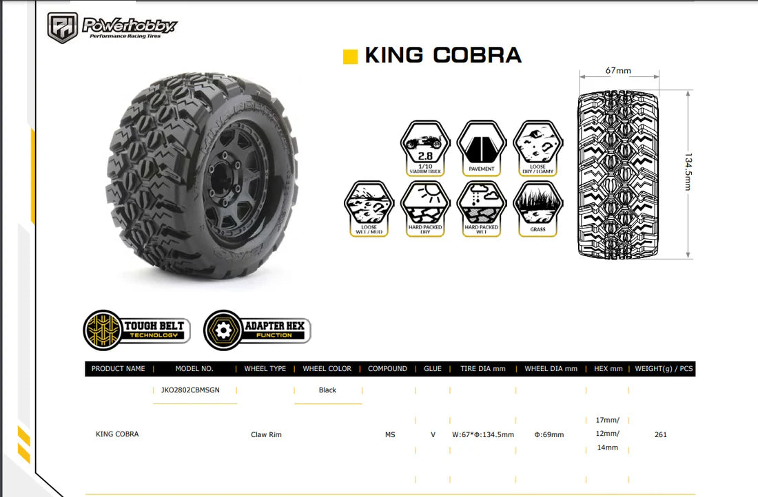 Power Hobby 1/10 2.8 MT King Cobra Belted Tires (2) Removable Hex 2802CBMSGN