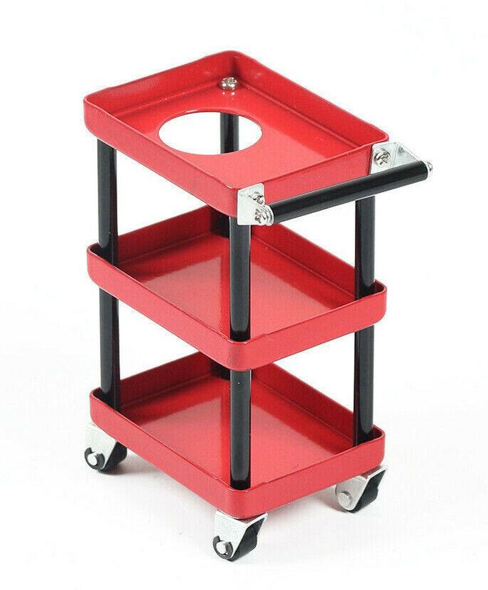 Power Hobby 1/10 Garage Rack Tool Cart – Red 3-Tier Rolling Cart with Wheels for RC Crawler Displays & Dioramas
