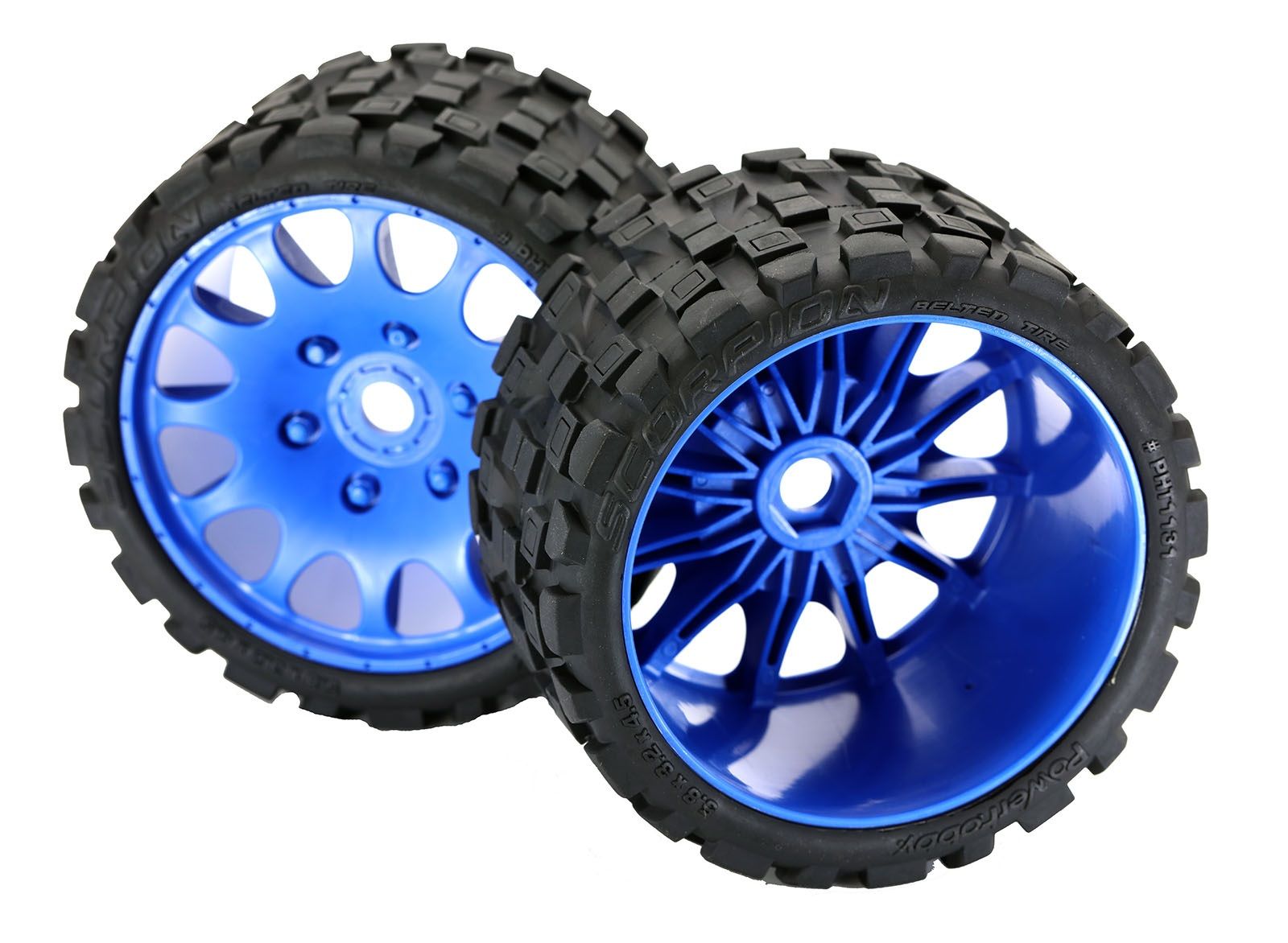 Powerhobby Scorpion Belted Monster Truck Tires / Wheels 17mm Hex (2) Sport-Blue