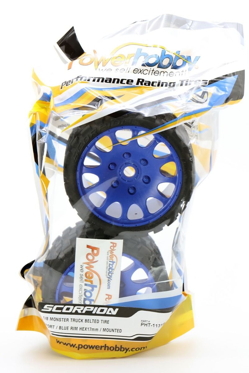 Powerhobby Scorpion Belted Monster Truck Tires / Wheels 17mm Hex (2) Sport-Blue