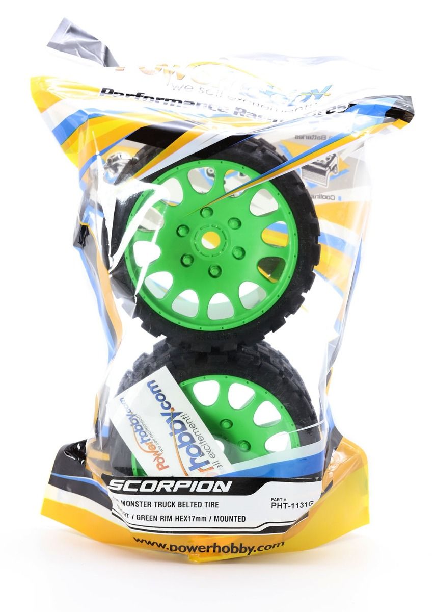 Powerhobby Scorpion Belted Monster Truck Tires / Wheels w 17mm Hex (2) Sport-Green