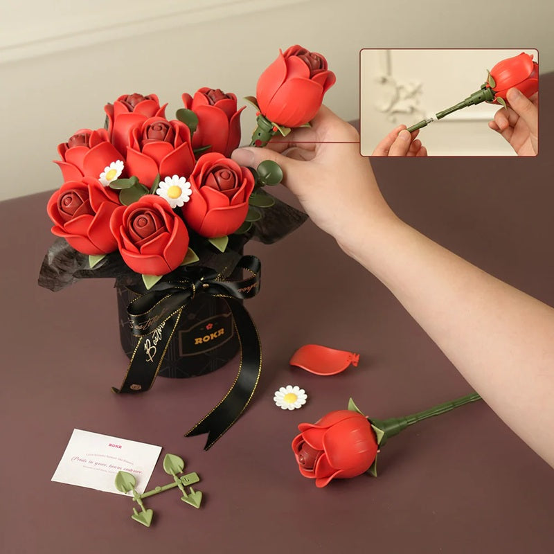 Rolife Floral Art Red Rose Bouquet - DIY Wooden Flower Display