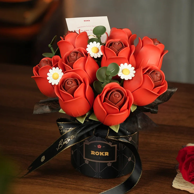 Rolife Floral Art Red Rose Bouquet - DIY Wooden Flower Display