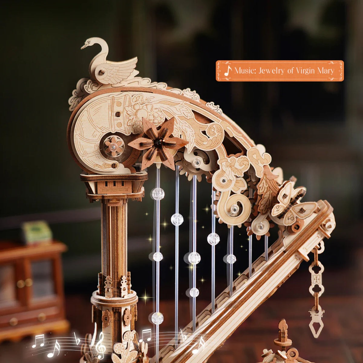 ROKR Magic Harp Music Box 3D Wooden Puzzle - Elegant Mechanical Music Model